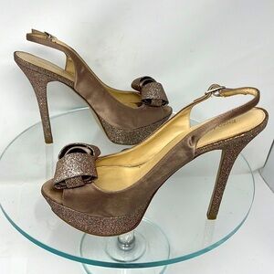 Enzo Angiolini Sz 8.5M Taupe Beige Satin and Glitter Peep Toe Stiletto Heels